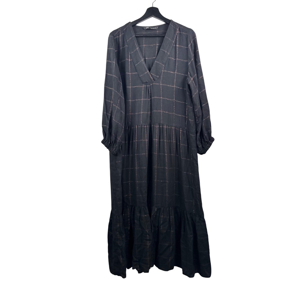 Zara Maxi Dress sz L Black Metallic Grid Tiered Long Sleeve V-Neck preppy money